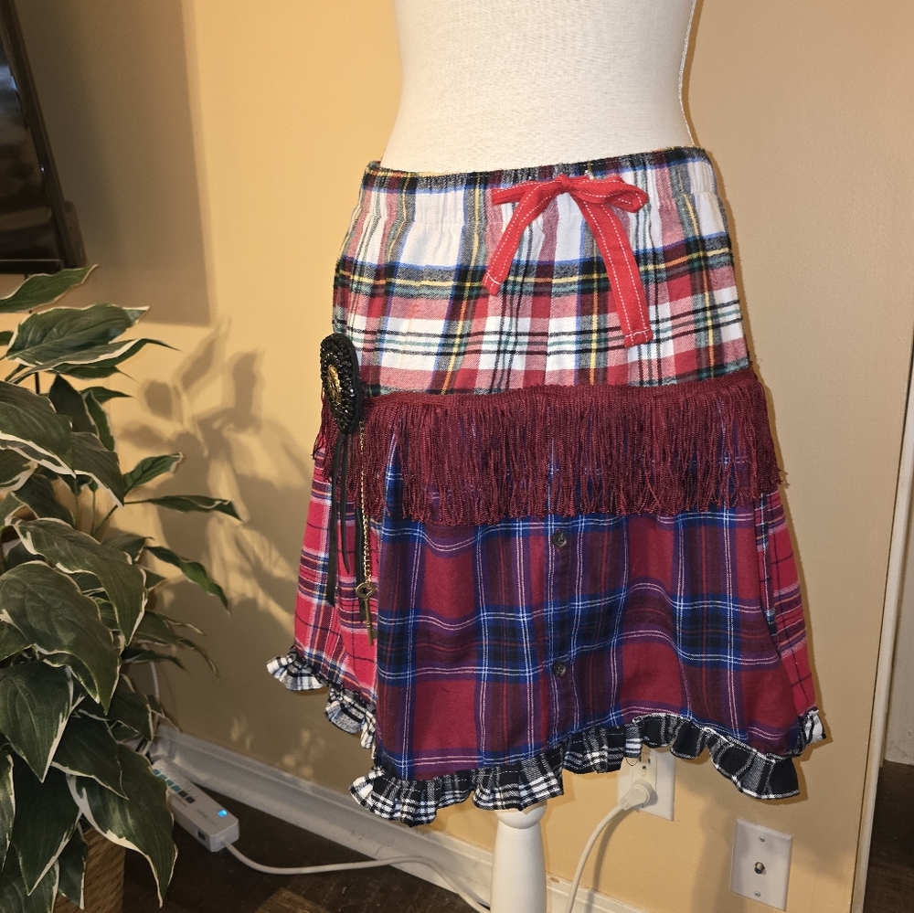 Academia School Girl Skirt Size 10. Flannels, Leather Fringe, Skeleton Key